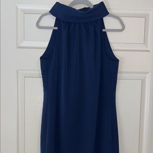 Sail to Sable Navy Faux Cowl Neck Button Back Halter Sheath Dress